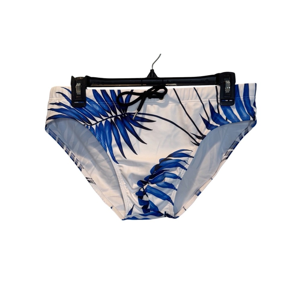 Mizok Wear Mens Swim Brief Blue Palm Leaf Tropical Print Drawstring Trunks L NEW